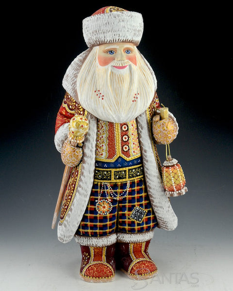 Red Russian Santa Carving with Staff and Lantern and Boots 14 inch