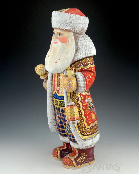 Red Russian Santa Carving with Staff and Lantern and Boots 14 inch