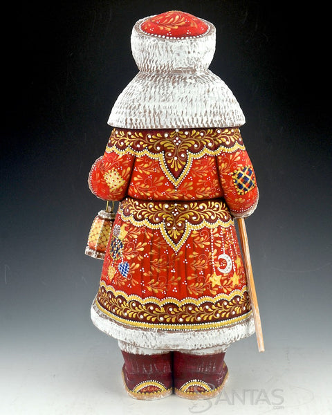 Red Russian Santa Carving with Staff and Lantern and Boots 14 inch