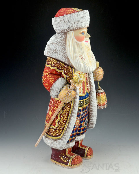 Red Russian Santa Carving with Staff and Lantern and Boots 14 inch