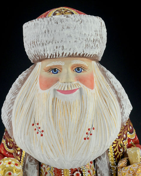 Red Russian Santa Carving with Staff and Lantern and Boots 14 inch