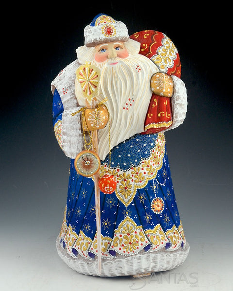 Stout Blue Hand Carved Russian Santa Claus with Staff and Toy Bag 12.5 inch