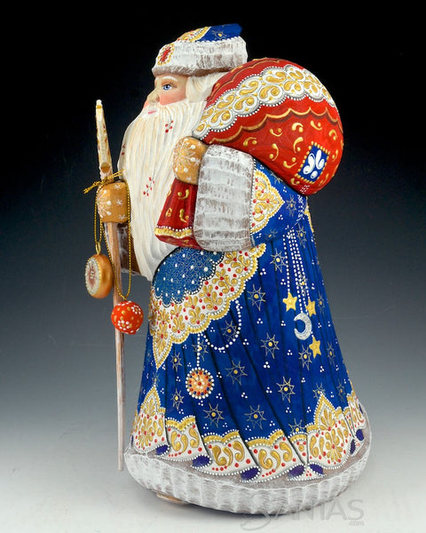 Stout Blue Hand Carved Russian Santa Claus with Staff and Toy Bag 12.5 inch