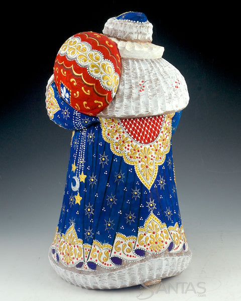 Stout Blue Hand Carved Russian Santa Claus with Staff and Toy Bag 12.5 inch
