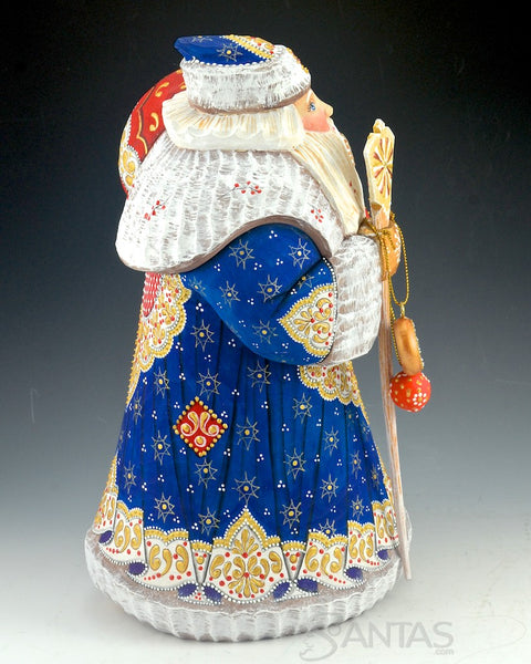 Stout Blue Hand Carved Russian Santa Claus with Staff and Toy Bag 12.5 inch
