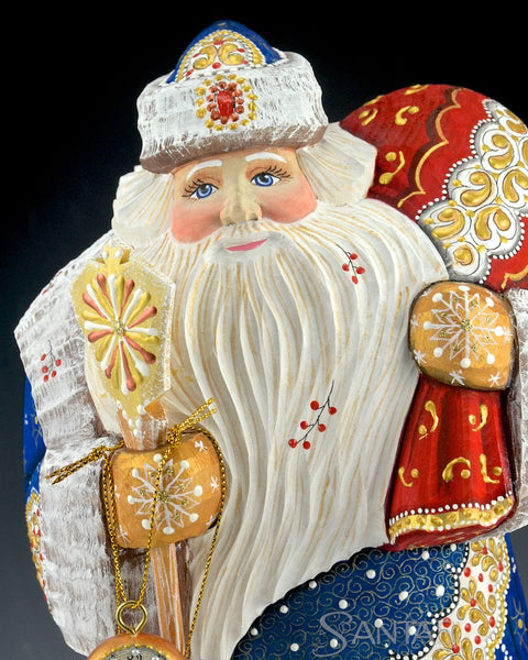 Stout Blue Hand Carved Russian Santa Claus with Staff and Toy Bag 12.5 inch