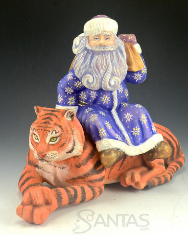 Beautiful Russian Santa With Toy Bag sitting on a Tiger