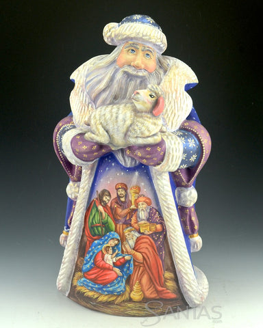 Large Russian Santa Holding Lamb With Nativity Scenes Both Sides 14 inch