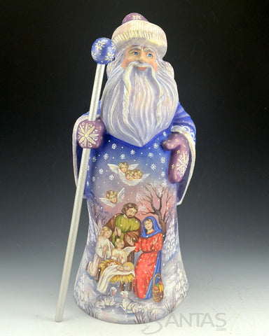 Tall Blue Coat Russian Santa with Nativity Scenes on Both Sides 13 inch