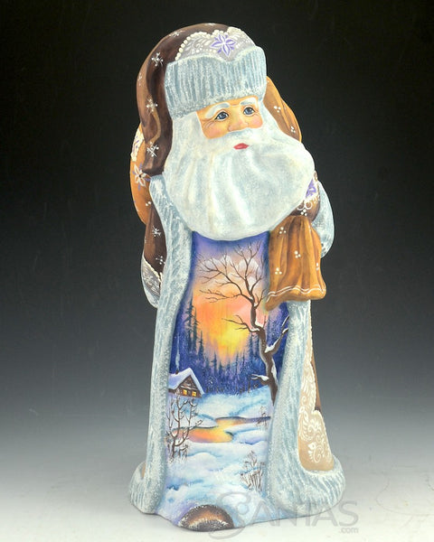 Scenic Russian Santa Carving with Twilight Painting and Toy Bag 10 inch
