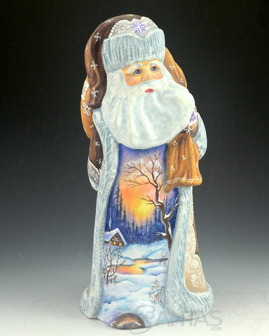 Scenic Russian Santa Carving with Twilight Painting and Toy Bag 10 inch