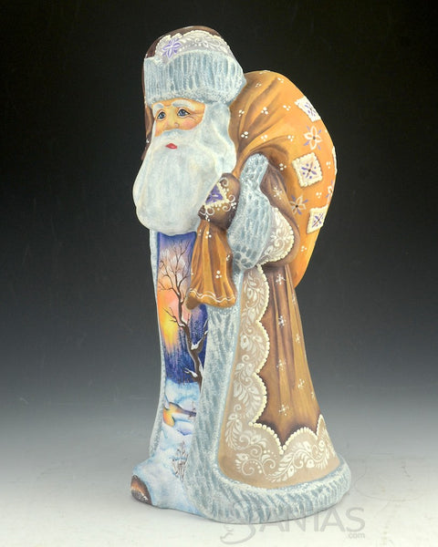 Scenic Russian Santa Carving with Twilight Painting and Toy Bag 10 inch