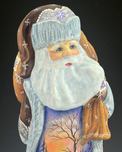 Scenic Russian Santa Carving with Twilight Painting and Toy Bag 10 inch