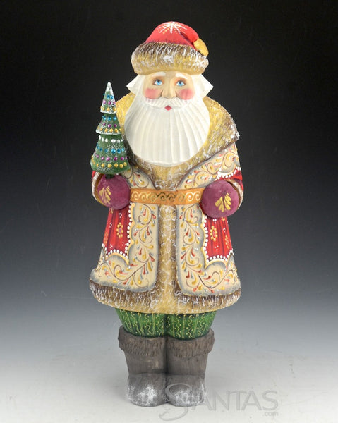 Short Coat Decorative Red Coat Russian Santa with Tree 12 inch