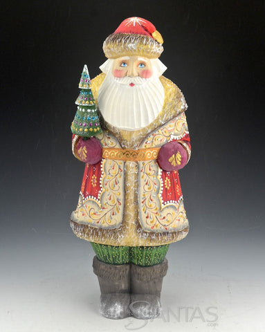 Short Coat Decorative Red Coat Russian Santa with Tree 12 inch