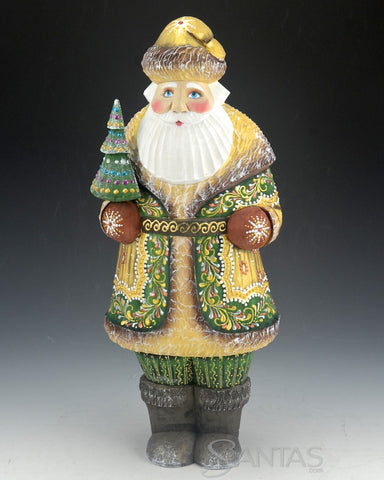 Short Coat Decorative Green Coat Russian Santa with Tree 12 inch