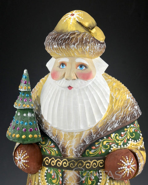 Short Coat Decorative Green Coat Russian Santa with Tree 12 inch