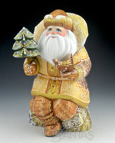 Beige Santa Sitting on Toy Bag Holding a Bird and Tree 10 inch Russian Santa Carving