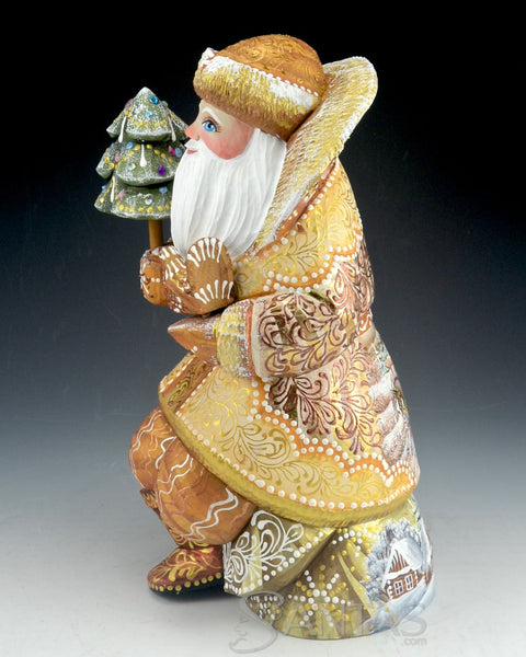 Beige Santa Sitting on Toy Bag Holding a Bird and Tree 10 inch Russian Santa Carving