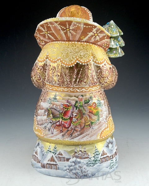 Beige Santa Sitting on Toy Bag Holding a Bird and Tree 10 inch Russian Santa Carving