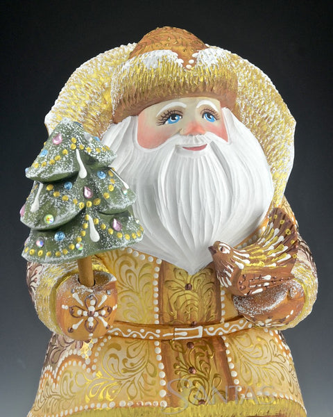Beige Santa Sitting on Toy Bag Holding a Bird and Tree 10 inch Russian Santa Carving