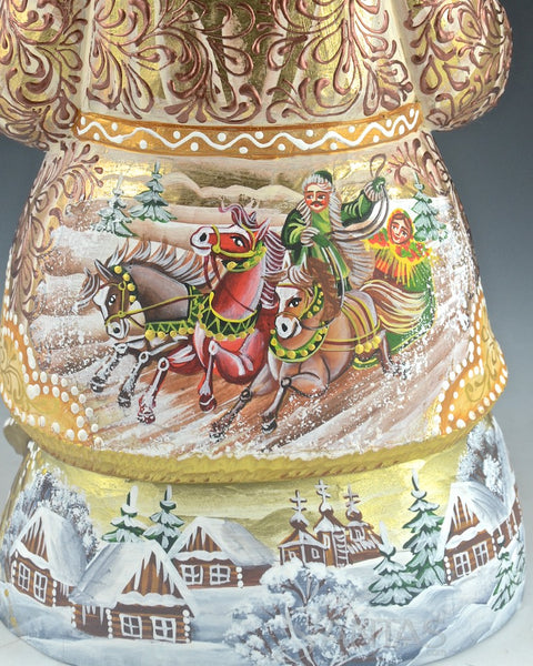 Beige Santa Sitting on Toy Bag Holding a Bird and Tree 10 inch Russian Santa Carving