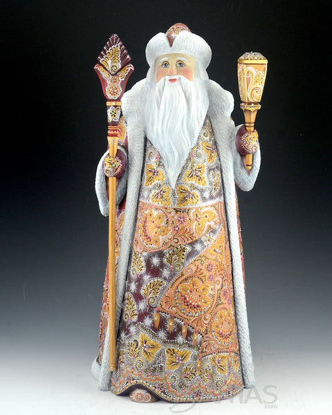 Ornately Decorated Red Russian Santa with Staff and Lantern 17.5 inch