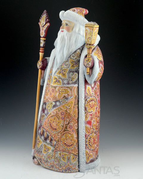 Ornately Decorated Red Russian Santa with Staff and Lantern 17.5 inch