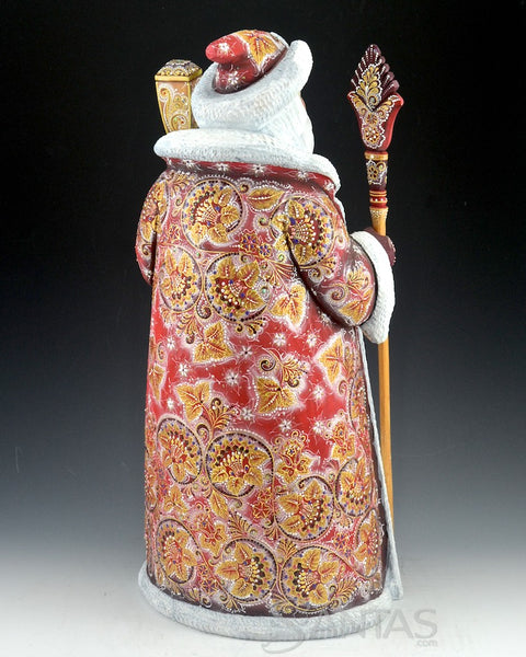 Ornately Decorated Red Russian Santa with Staff and Lantern 17.5 inch