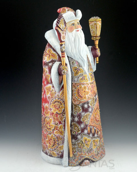 Ornately Decorated Red Russian Santa with Staff and Lantern 17.5 inch