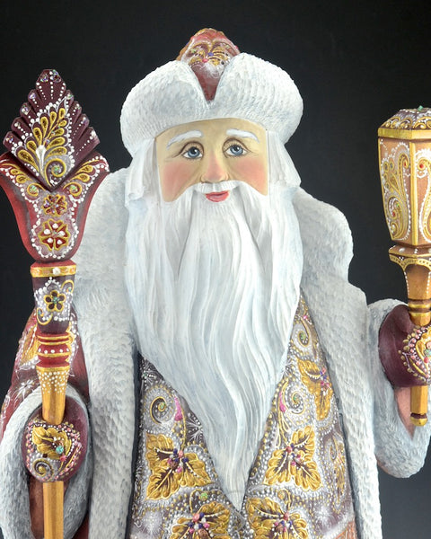 Ornately Decorated Red Russian Santa with Staff and Lantern 17.5 inch