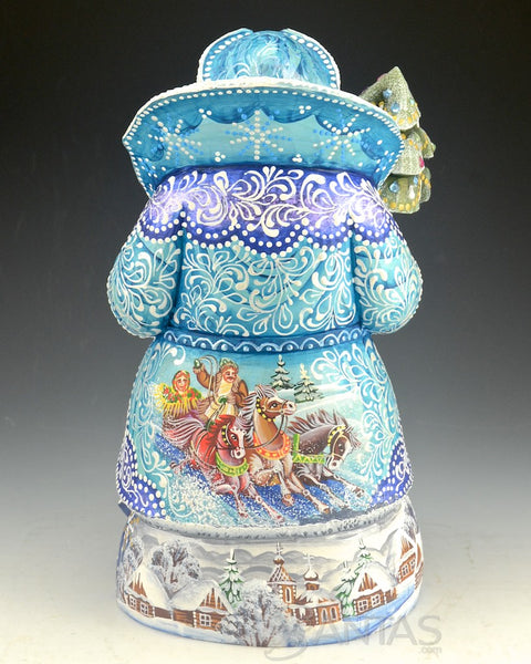 Blue Santa Sitting on Toy Bag Holding a Bird and Tree 10 inch Russian Santa Carving