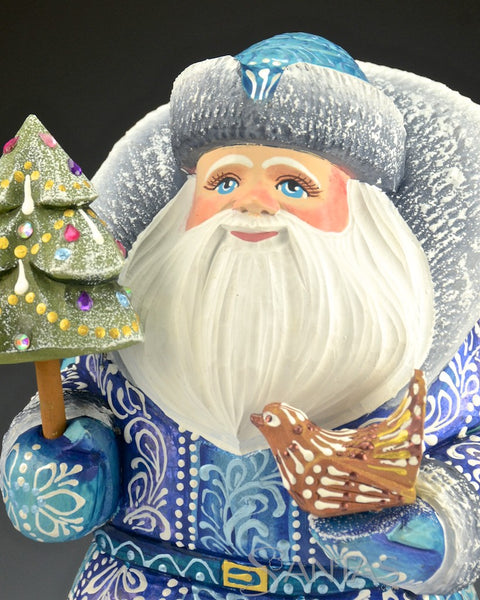 Blue Santa Sitting on Toy Bag Holding a Bird and Tree 10 inch Russian Santa Carving