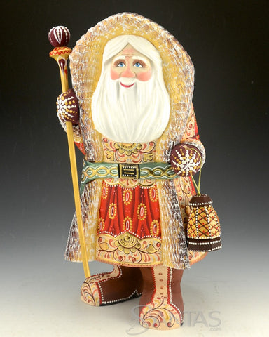 Red Coat Hooded Russian Santa Carving with Staff and Lantern 12 inch