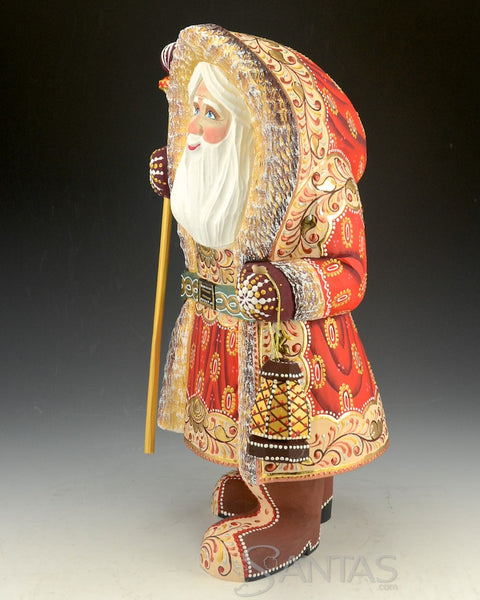 Red Coat Hooded Russian Santa Carving with Staff and Lantern 12 inch