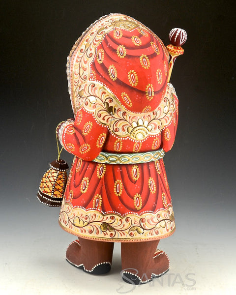 Red Coat Hooded Russian Santa Carving with Staff and Lantern 12 inch