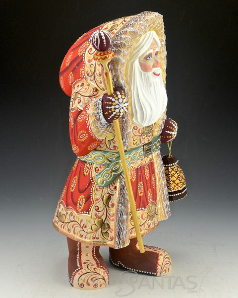 Red Coat Hooded Russian Santa Carving with Staff and Lantern 12 inch
