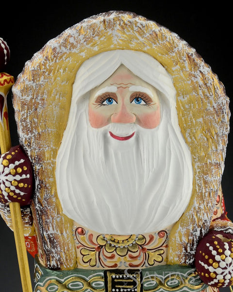 Red Coat Hooded Russian Santa Carving with Staff and Lantern 12 inch