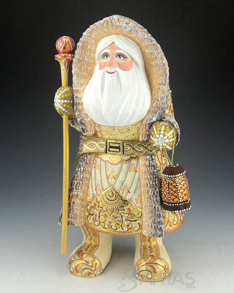Beige and Gold Coat Hooded Russian Santa Carving with Staff and Lantern 12 inch