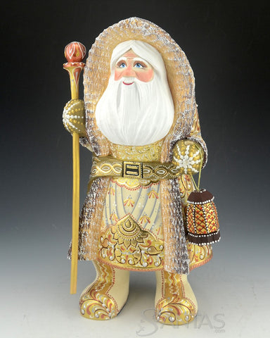 Beige and Gold Coat Hooded Russian Santa Carving with Staff and Lantern 12 inch