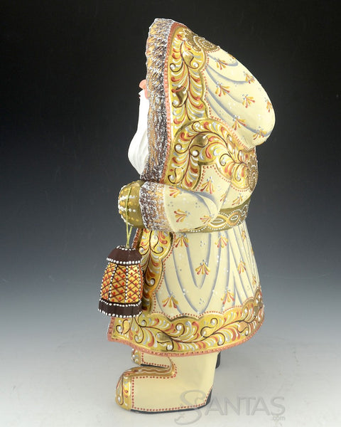 Beige and Gold Coat Hooded Russian Santa Carving with Staff and Lantern 12 inch