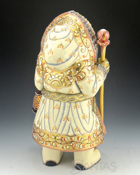 Beige and Gold Coat Hooded Russian Santa Carving with Staff and Lantern 12 inch