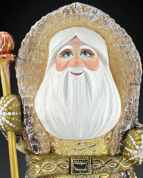 Beige and Gold Coat Hooded Russian Santa Carving with Staff and Lantern 12 inch
