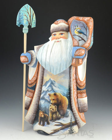 Scenic Russian Santa Carving With Brown Bears, Deer and Birds 14 inch