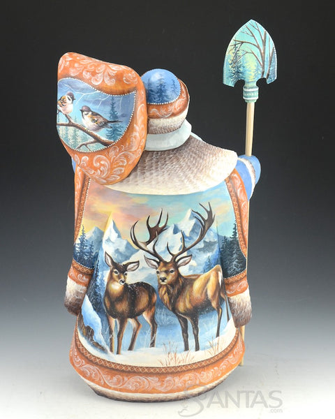 Scenic Russian Santa Carving With Brown Bears, Deer and Birds 14 inch