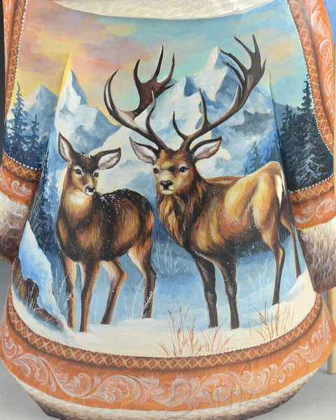 Scenic Russian Santa Carving With Brown Bears, Deer and Birds 14 inch