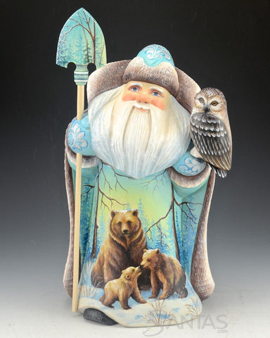 Russian Santa Carving with Brown Bears - Moose - and an Owl 12 inch