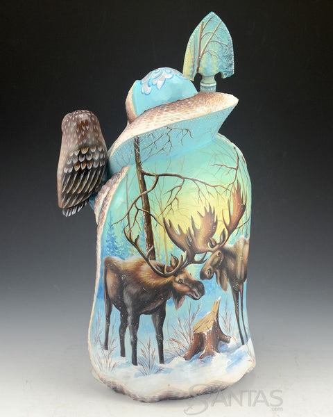 Russian Santa Carving with Brown Bears - Moose - and an Owl 12 inch