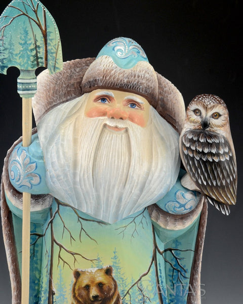Russian Santa Carving with Brown Bears - Moose - and an Owl 12 inch