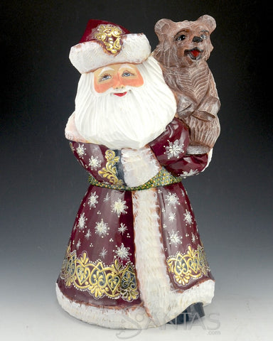 Large Red Ornate Russian Santa Holding a Brown Bear 12 inch